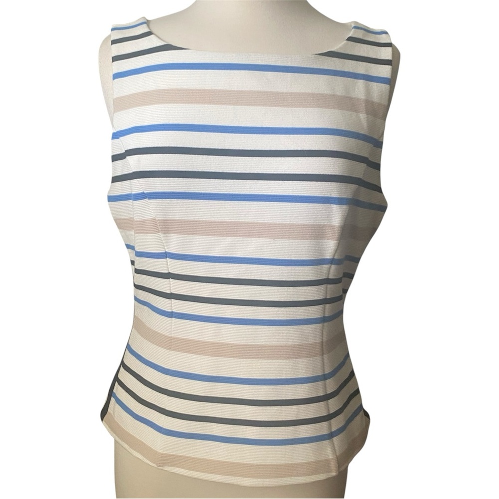 White House Black Market Striped Sleeveless Boatneck Top in White, Blue & Beige
